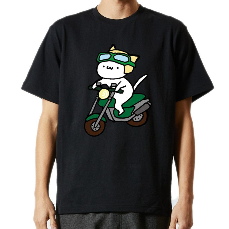 猫好きのための猫イラスト半袖Tシャツ【バイクを運転する猫】おもしろTシャツ ネタTシャツ