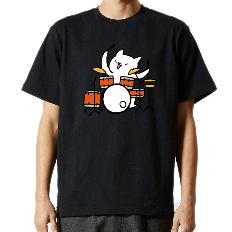 猫好きのための猫イラスト半袖Tシャツ【ドラムを叩く猫】おもしろTシャツ ネタTシャツ