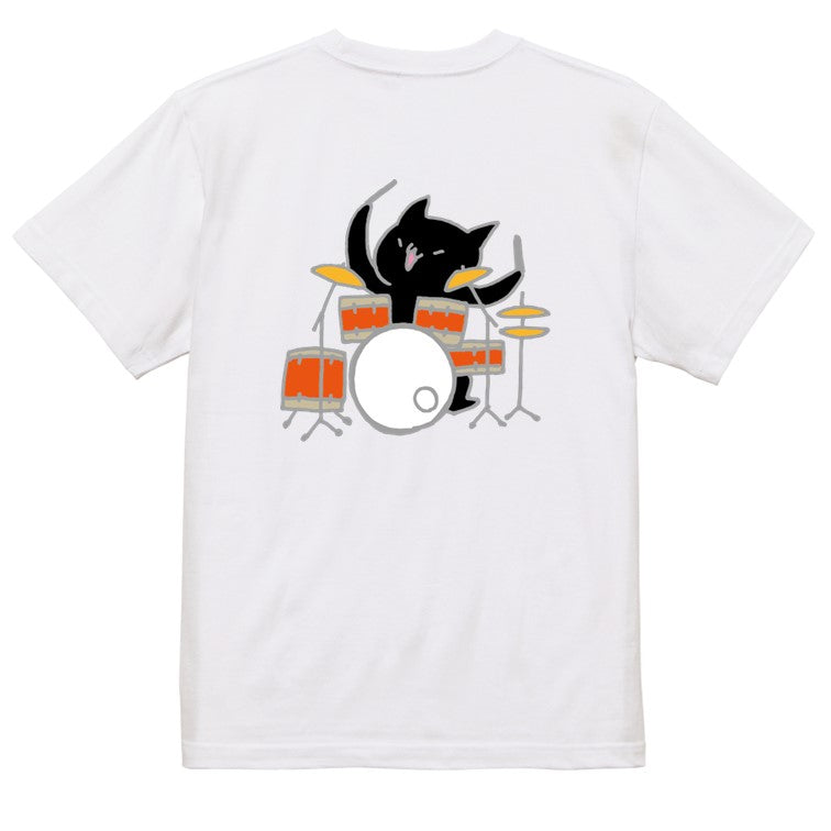 猫好きのための猫イラスト半袖Tシャツ【ドラムを叩く猫】おもしろTシャツ ネタTシャツ