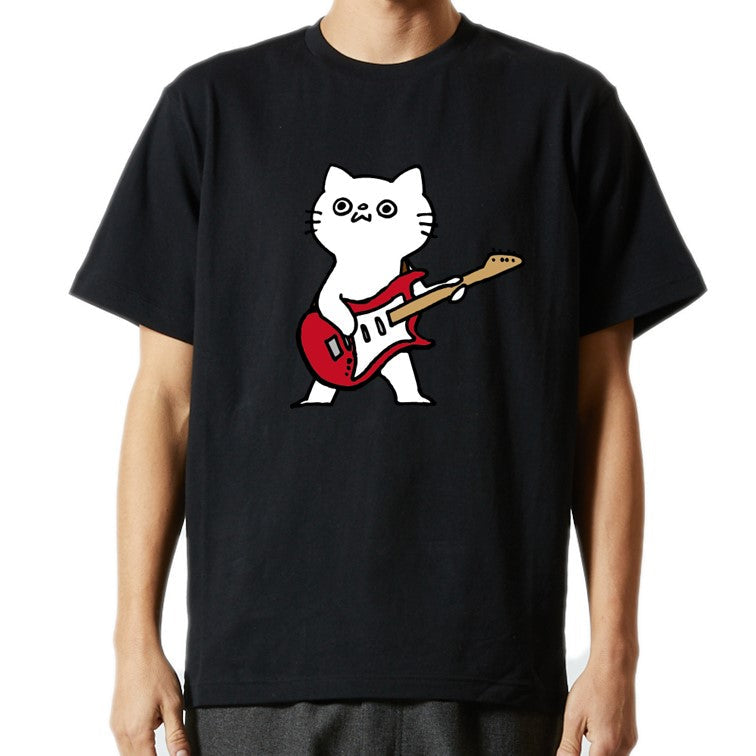 猫好きのための猫イラスト半袖Tシャツ【ギターを弾く猫】おもしろTシャツ ネタTシャツ