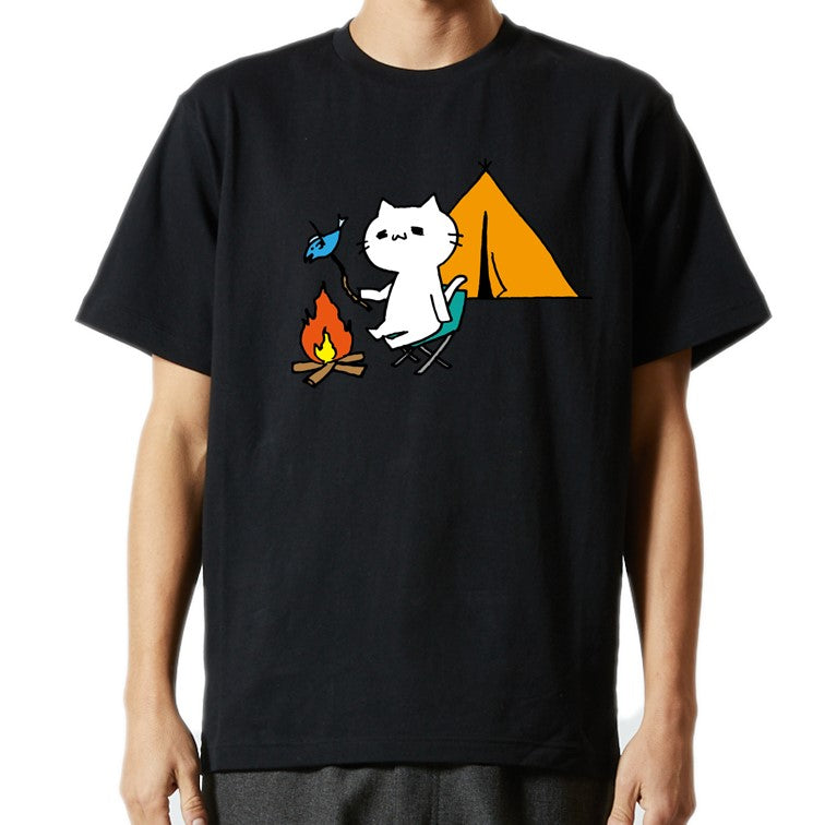 猫好きのための猫イラスト半袖Tシャツ【キャンプ猫】おもしろTシャツ ネタTシャツ
