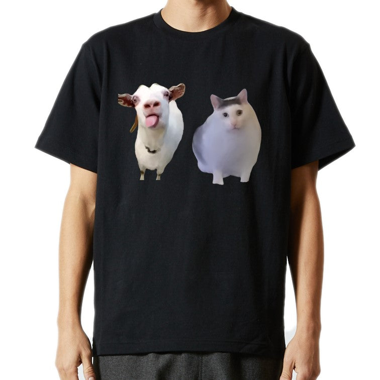 猫ミーム半袖Tシャツ【huhcat&うるさいヤギ】おもしろTシャツ ネタTシャツ