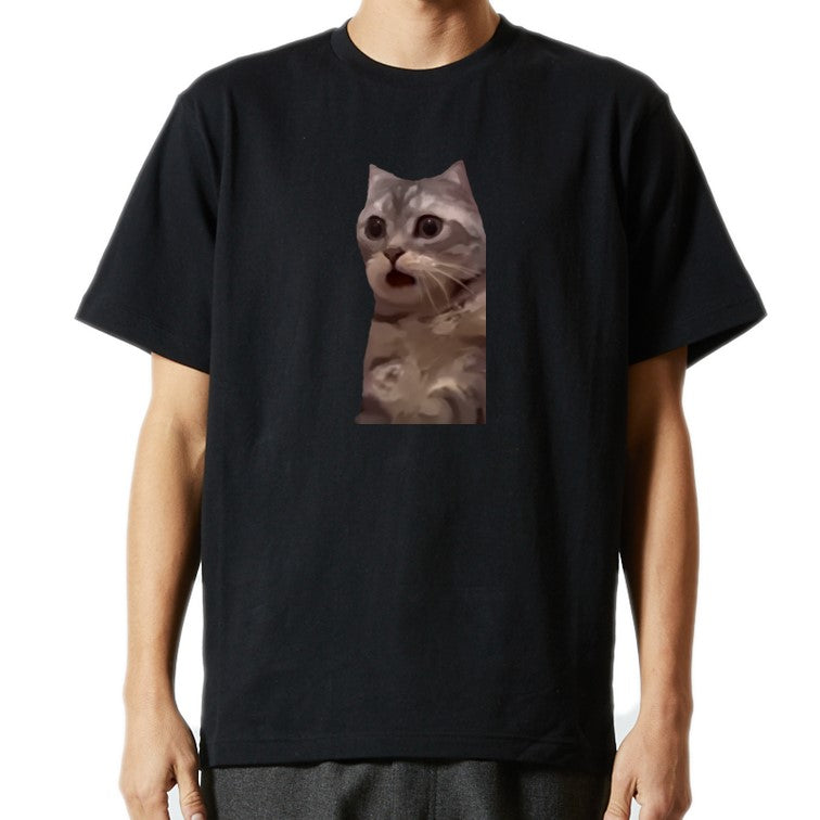 猫ミーム半袖Tシャツ【きょろきょろ猫】おもしろTシャツ ネタTシャツ