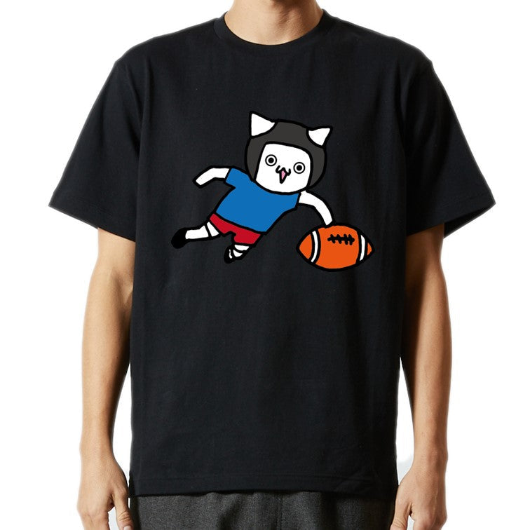 猫好きのための猫イラスト半袖Tシャツ【ラグビーをする猫】おもしろTシャツ ネタTシャツ