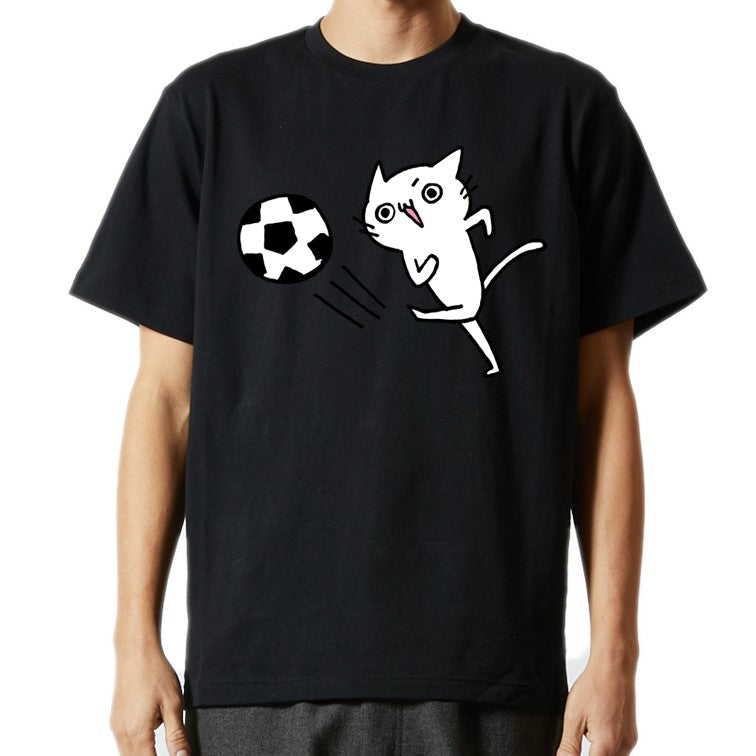 猫好きのための猫イラスト半袖Tシャツ【サッカー猫】おもしろTシャツ ネタTシャツ