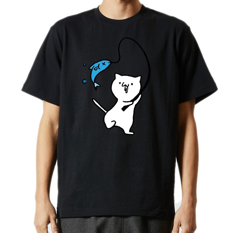 猫好きのための猫イラスト半袖Tシャツ【釣りをする猫】おもしろTシャツ ネタTシャツ