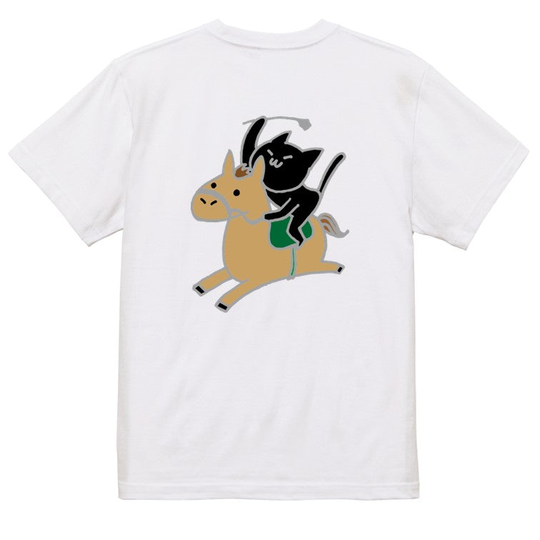 猫好きのための猫イラスト半袖Tシャツ【乗馬をする猫(競馬)】おもしろTシャツ ネタTシャツ