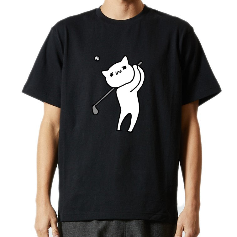 猫好きのための猫イラスト半袖Tシャツ【ゴルフをする猫】おもしろTシャツ　ネタTシャツ