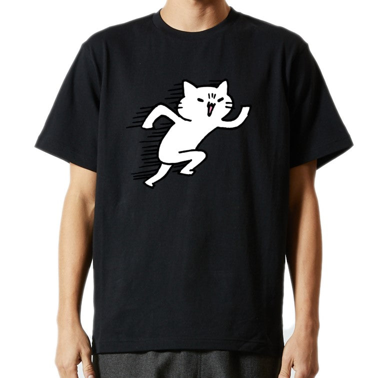 猫好きのための猫イラスト半袖Tシャツ【走り込みをする陸上猫】おもしろTシャツ　ネタTシャツ