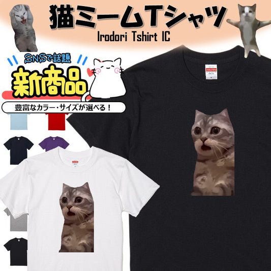 猫ミーム半袖Tシャツ【きょろきょろ猫】おもしろTシャツ　ネタTシャツ