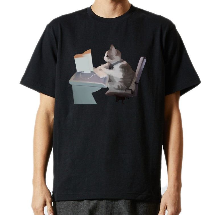 猫ミーム半袖Tシャツ【パソコンカタカタ猫】おもしろTシャツ　ネタTシャツ