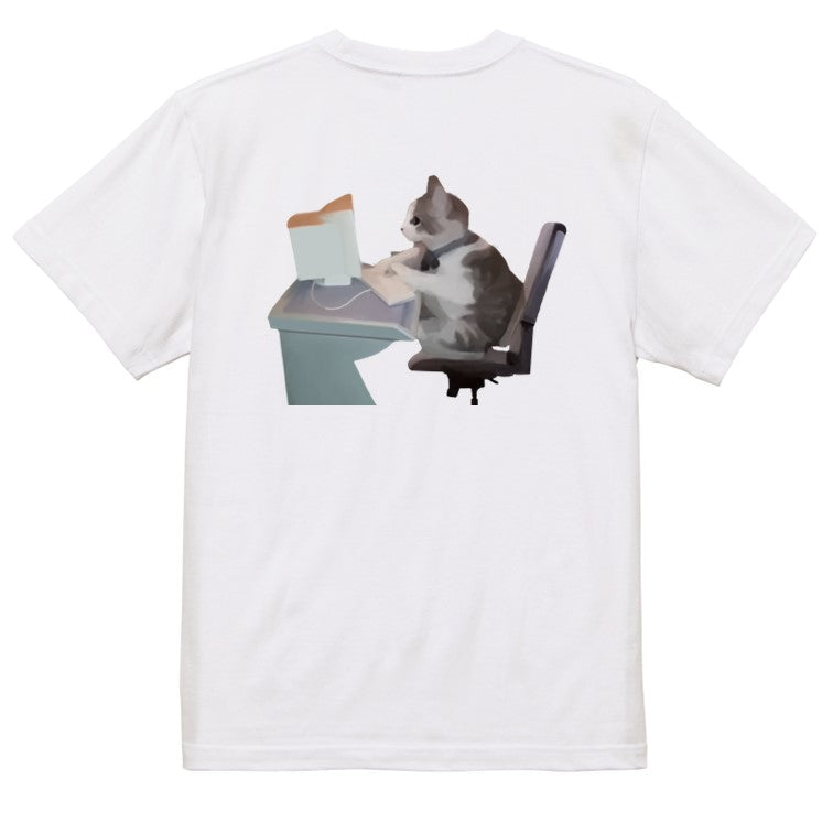 猫ミーム半袖Tシャツ【パソコンカタカタ猫】おもしろTシャツ　ネタTシャツ