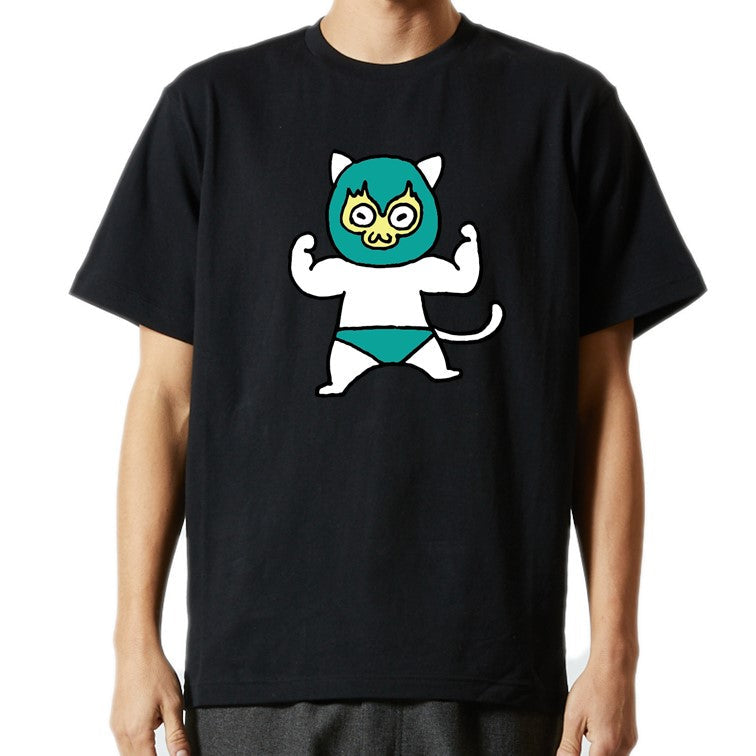 猫好きのための猫イラスト半袖Tシャツ【プロレス猫】おもしろTシャツ　ネタTシャツ