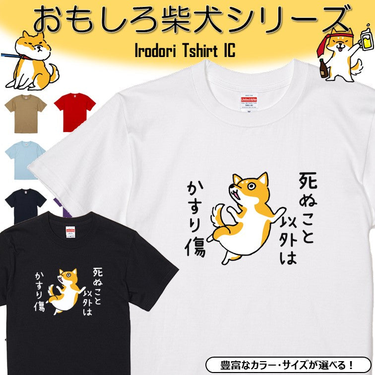 犬好きのための柴犬イラスト半袖Tシャツ【おもしろ柴犬Tシャツ 死ぬこと以外はかすり傷】おもしろTシャツ　ネタTシャツ