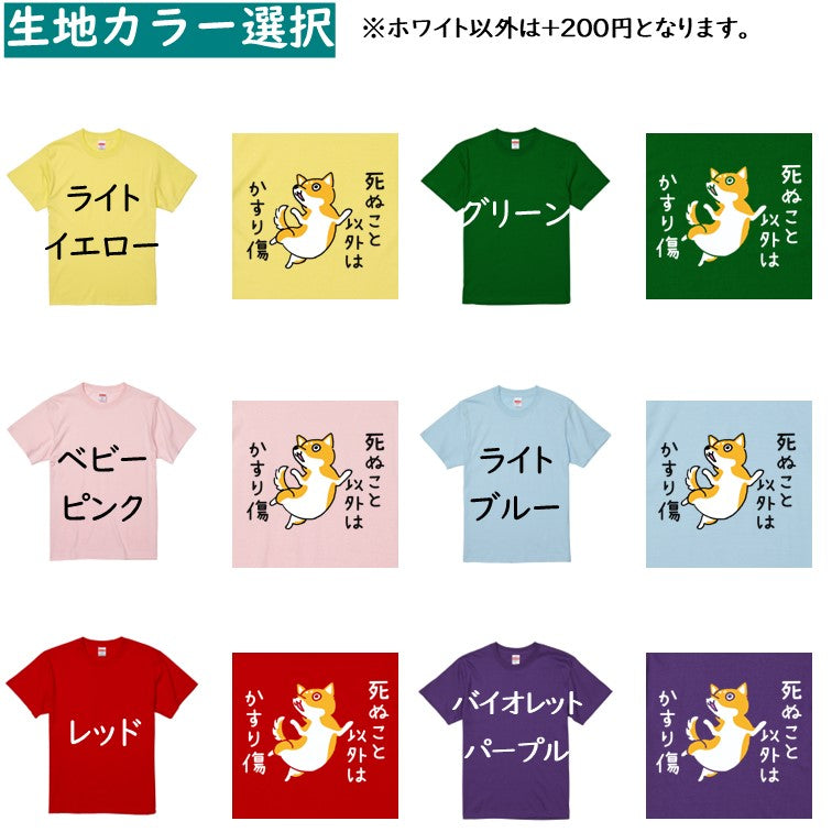 犬好きのための柴犬イラスト半袖Tシャツ【おもしろ柴犬Tシャツ 死ぬこと以外はかすり傷】おもしろTシャツ　ネタTシャツ